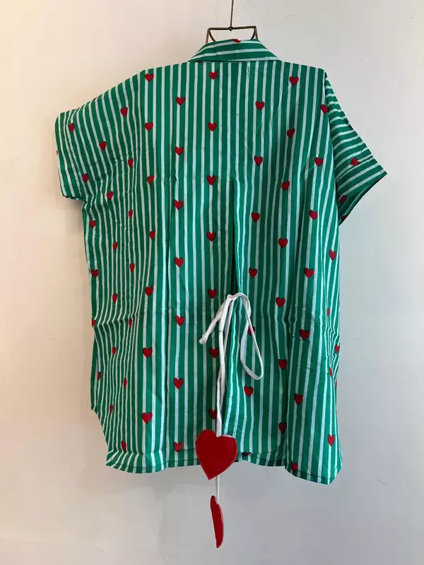 Ishq's Small Anti-fit with Back Open & Tie - White & Dark Green Stripes with Hearts