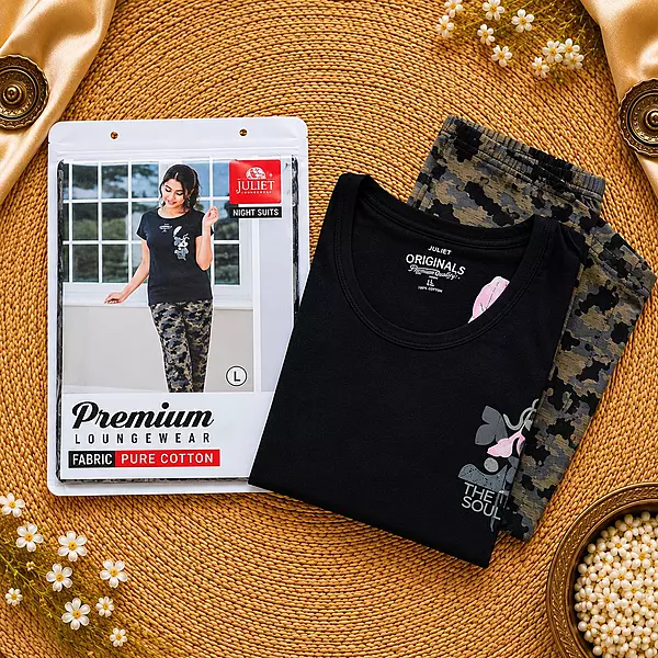 Black Camouflage Printed Cotton Night Suit