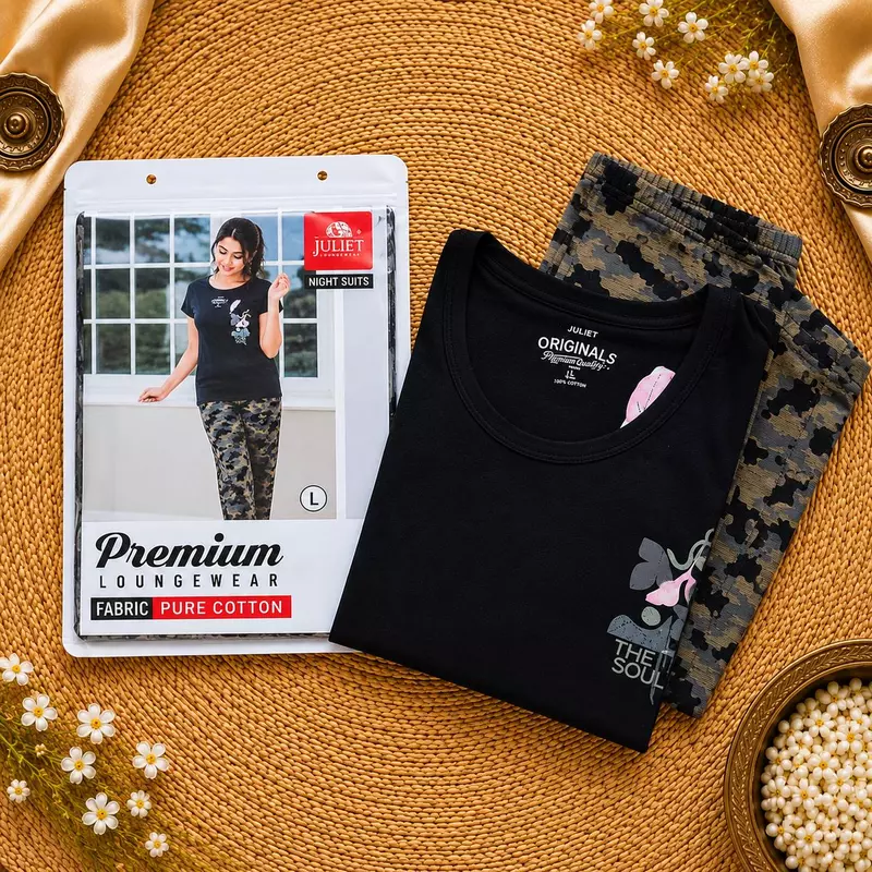 Black Camouflage Printed Cotton Night Suit