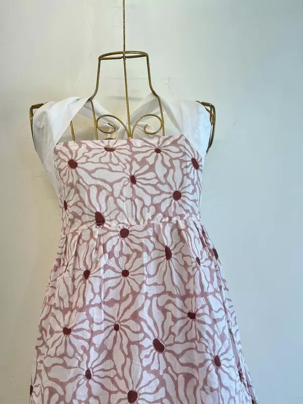 Hoor's Halter Neck Tube Dress - White with Peach & Maroon Flowers