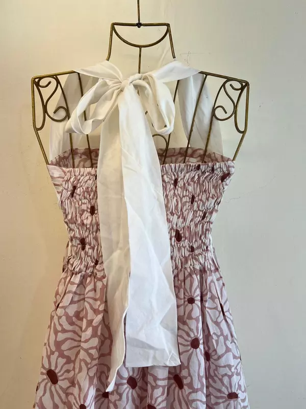 Hoor's Halter Neck Tube Dress - White with Peach & Maroon Flowers