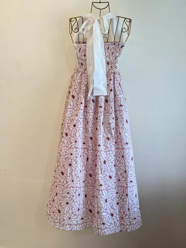 Hoor's Halter Neck Tube Dress - White with Peach & Maroon Flowers