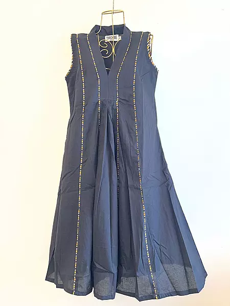 Charita's Everyday Sleeve Less Flare Dress - Black with Mustard Stripes Pintuck