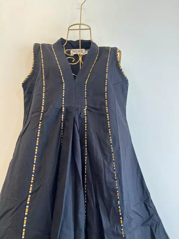 Charita's Everyday Sleeve Less Flare Dress - Black with Mustard Stripes Pintuck