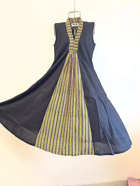 Charita's Everyday Sleeve Less Flare Dress - Black with Mustard Middle Panel