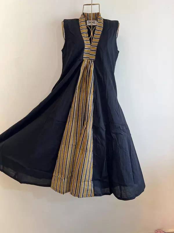 Charita's Everyday Sleeve Less Flare Dress - Black with Mustard Middle Panel