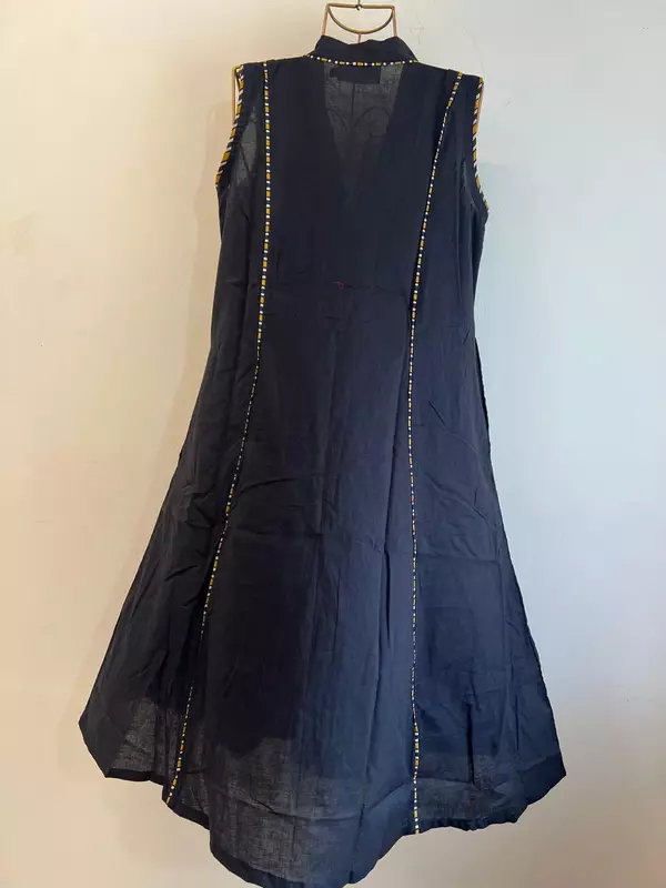 Charita's Everyday Sleeve Less Flare Dress - Black with Mustard Stripes Pintuck