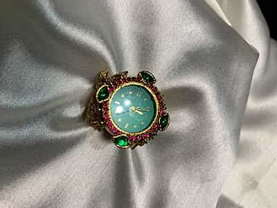 Vintage-Inspired Ornate Gold-Tone Emerald & Ruby Crystal Watch Ring Vintage-Inspired Ornate Gold-Tone Emerald & Ruby Crystal Watch Ring