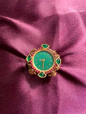 Vintage-Inspired Ornate Gold-Tone Emerald & Ruby Crystal Watch Ring Vintage-Inspired Ornate Gold-Tone Emerald & Ruby Crystal Watch Ring