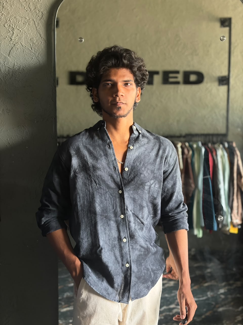 Charcoal mist tie‑dye printed shirt