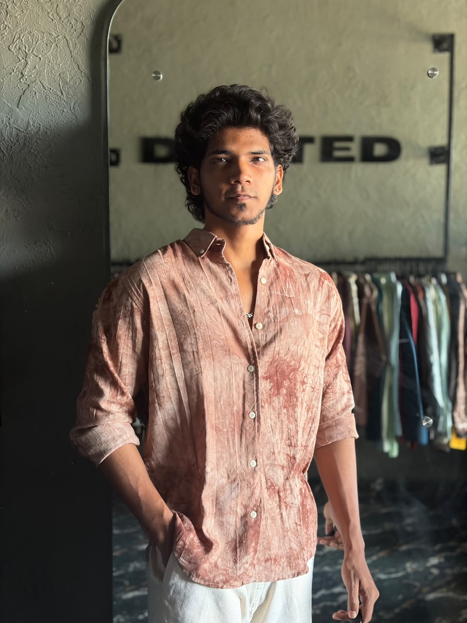 Clay ember tie‑dye printed shirt