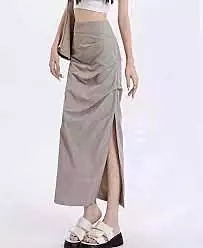 Grey High-Waisted Side Slit Midi Skirt