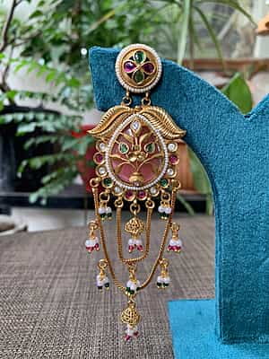 Royal Antique Gold Pink Stone Floral Statement Earrings with Jhumki Chains Royal Antique Gold Pink Stone Floral Statement Earrings with Jhumki Chains