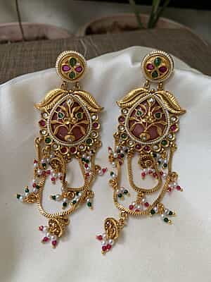 Royal Antique Gold Pink Stone Floral Statement Earrings with Jhumki Chains Royal Antique Gold Pink Stone Floral Statement Earrings with Jhumki Chains
