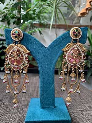 Royal Antique Gold Pink Stone Floral Statement Earrings with Jhumki Chains Royal Antique Gold Pink Stone Floral Statement Earrings with Jhumki Chains