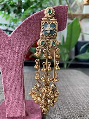 The 'Mughal Heritage' Emerald and Grey Stone Ghungroo Dangle Earrings The 'Mughal Heritage' Emerald and Grey Stone Ghungroo Dangle Earrings