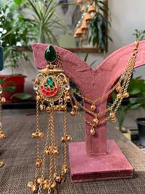 eritage Emerald & Crimson Meenakari Kaan Chain Earrings with Ghungroo Dangles eritage Emerald & Crimson Meenakari Kaan Chain Earrings with Ghungroo Dangles