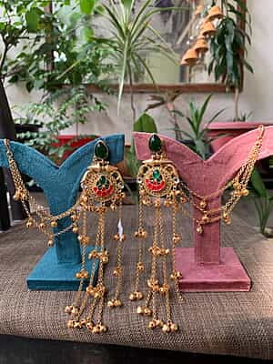 eritage Emerald & Crimson Meenakari Kaan Chain Earrings with Ghungroo Dangles eritage Emerald & Crimson Meenakari Kaan Chain Earrings with Ghungroo Dangles