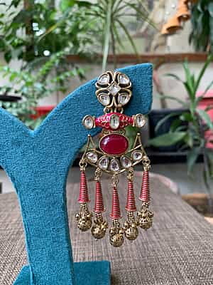 Maharani Ruby Kundan and Enamel Tassel Chandelier Earrings