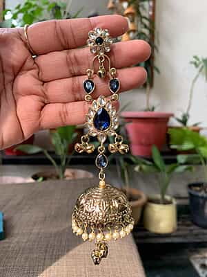 Maharaja Royal Blue Kundan and Pearl Chandelier Jhumka Earrings Maharaja Royal Blue Kundan and Pearl Chandelier Jhumka Earrings