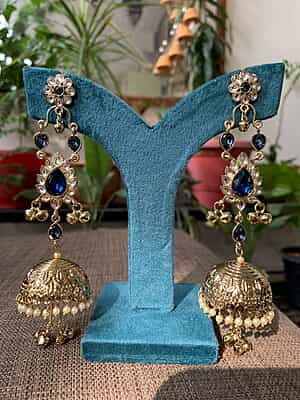 Maharaja Royal Blue Kundan and Pearl Chandelier Jhumka Earrings Maharaja Royal Blue Kundan and Pearl Chandelier Jhumka Earrings