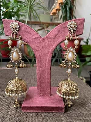 Maharani Gold-Plated Kundan and Pearl Chandelier Jhumka Earrings Maharani Gold-Plated Kundan and Pearl Chandelier Jhumka Earrings