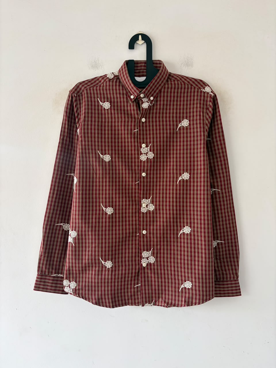 Crimson embroidered check shirt