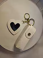 PU Leather Lipstick Holder Keychain with Heart Mirror Charm