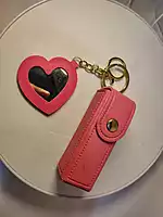 PU Leather Lipstick Holder Keychain with Heart Mirror Charm
