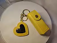 PU Leather Lipstick Holder Keychain with Heart Mirror Charm