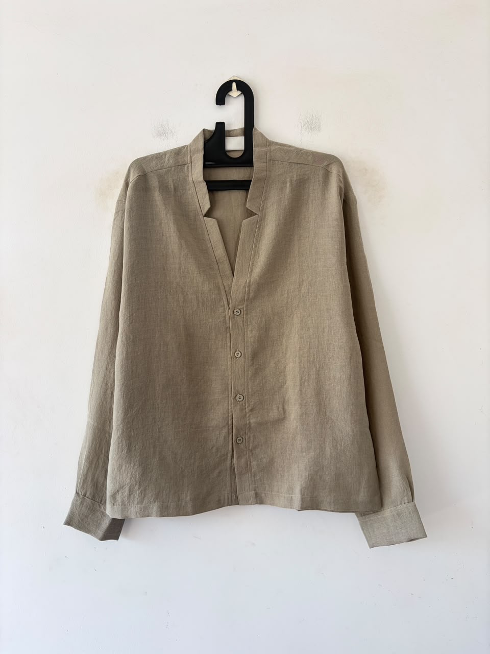 Beige luxe V‑notch linen shirt