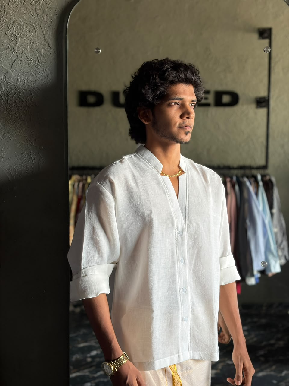 Pearl V‑notch linen shirt