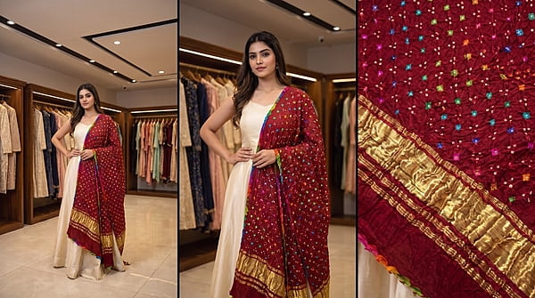 Kala Sanskruti Red & Multi Color Gaji Silk Bandhani Dupatta 2.5M Elegant Traditional Wear Gaji Dupatta for Women