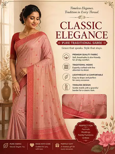 Elegant Peach Pink Floral Motif Saree with Red Border