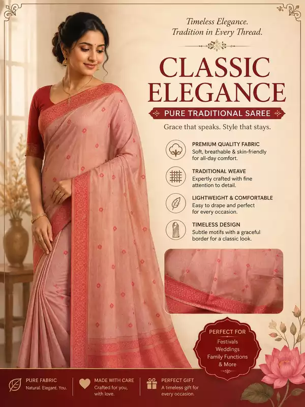Elegant Peach Pink Floral Motif Saree with Red Border