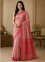 Elegant Peach Pink Floral Motif Saree with Red Border