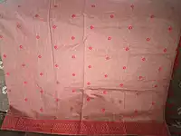 Elegant Peach Pink Floral Motif Saree with Red Border