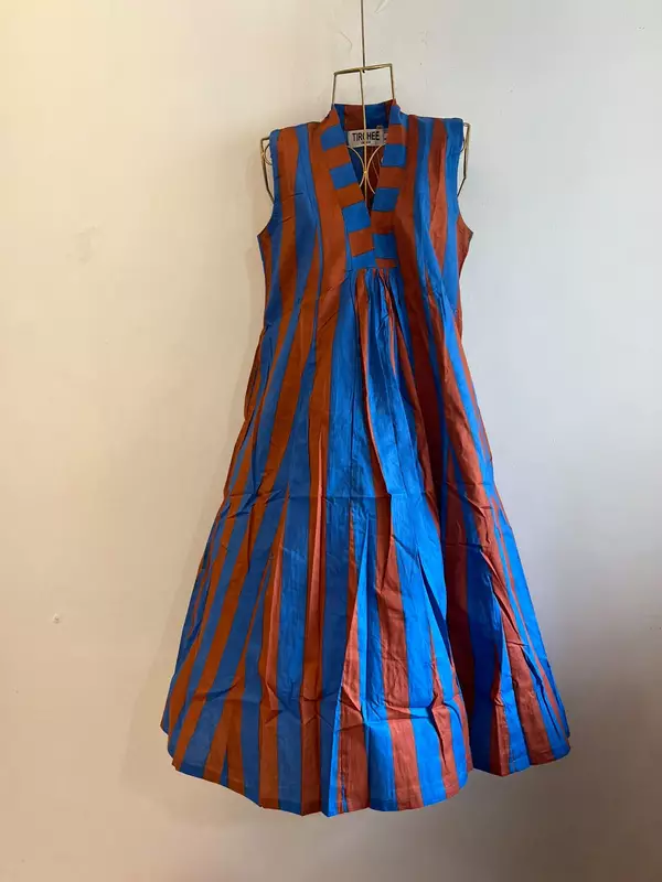 Charita's Everyday Sleeve Less Flare Dress - Blue & Brown Stripes