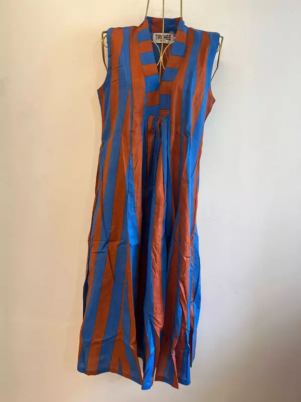 Charita's Everyday Sleeve Less Flare Dress - Blue & Brown Stripes