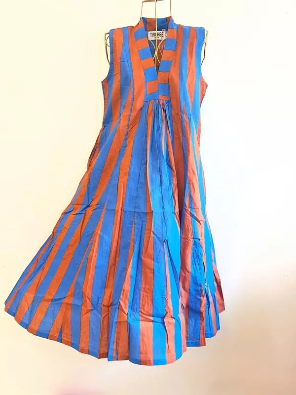 Charita's Everyday Sleeve Less Flare Dress - Blue & Brown Stripes