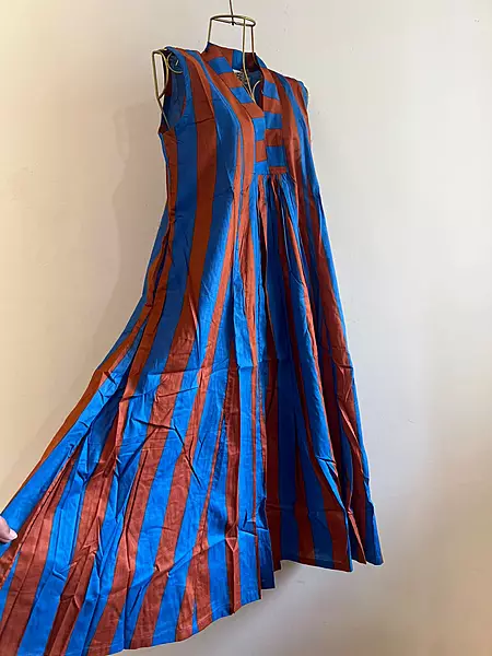 Charita's Everyday Sleeve Less Flare Dress - Blue & Brown Stripes