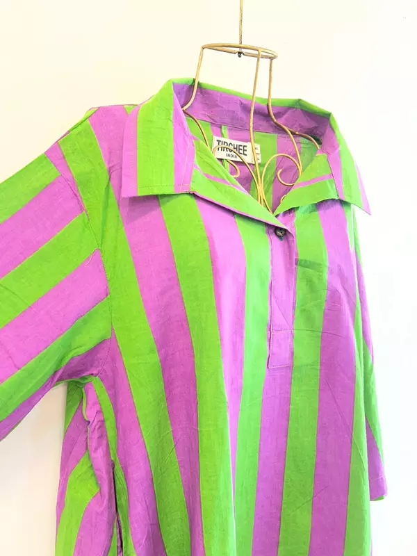Ishida's Side-Panel Collared Dress - Purple & Green Stripes