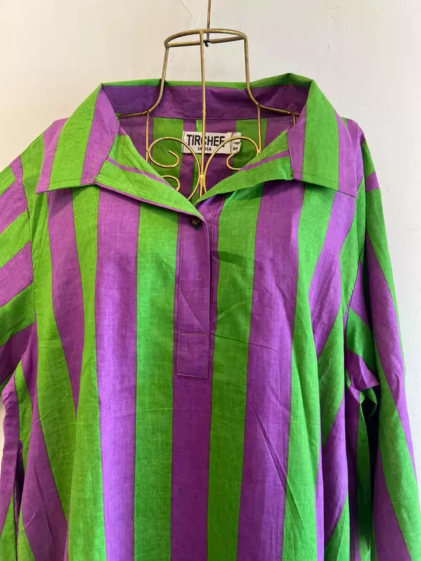 Ishida's Side-Panel Collared Dress - Purple & Green Stripes