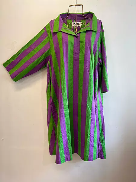 Ishida's Side-Panel Collared Dress - Purple & Green Stripes