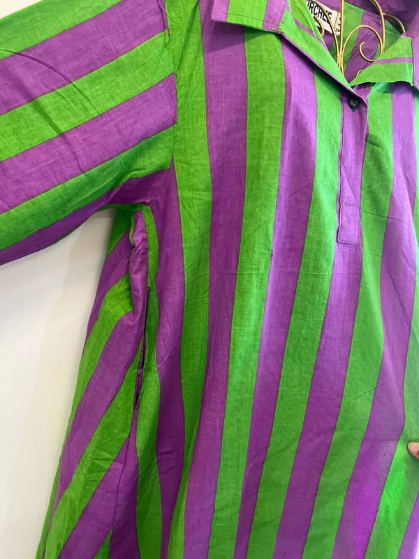Ishida's Side-Panel Collared Dress - Purple & Green Stripes