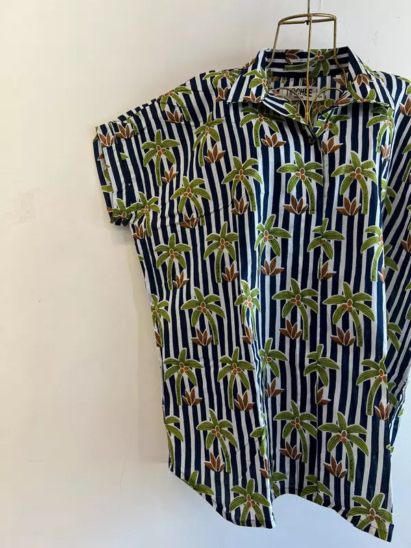 Ishq's Small Anti-fit with Back Open & Tie - Blue & white Stripes with Coconuts