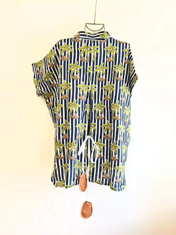 Ishq's Small Anti-fit with Back Open & Tie - Blue & white Stripes with Coconuts