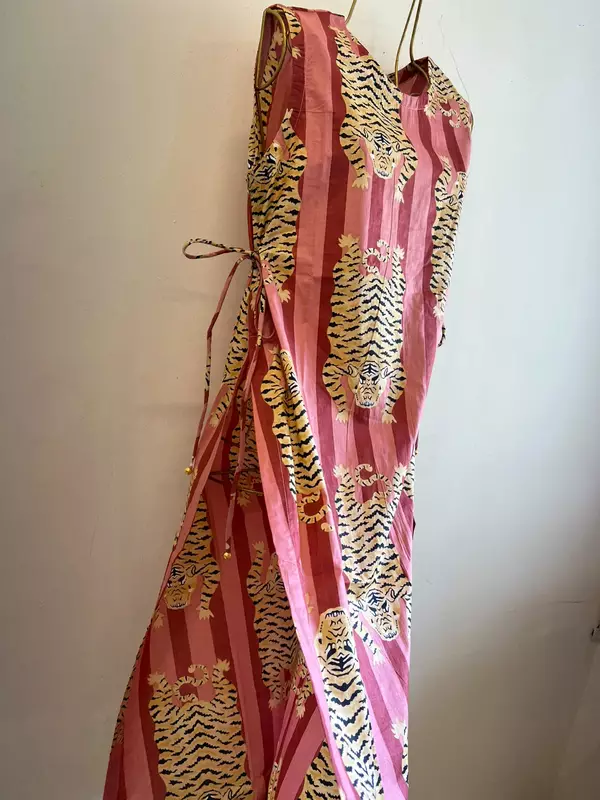 Tisha's Side-Tie Longline Top - Coral & pink Stripes with Tigers
