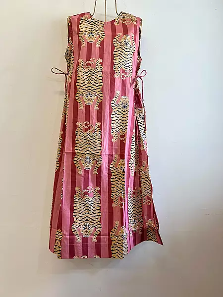 Tisha's Side-Tie Longline Top - Coral & pink Stripes with Tigers