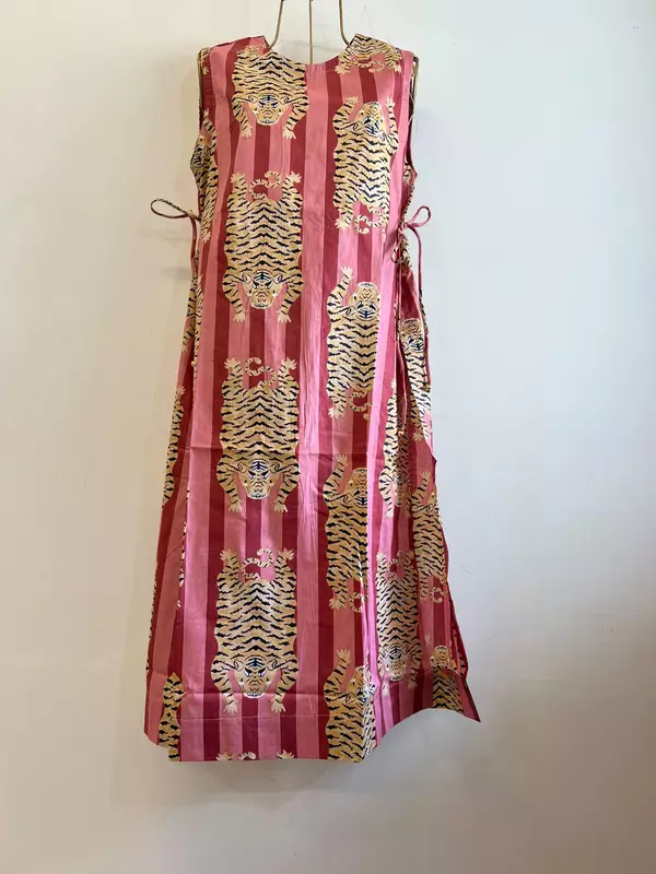 Tisha's Side-Tie Longline Top - Coral & pink Stripes with Tigers